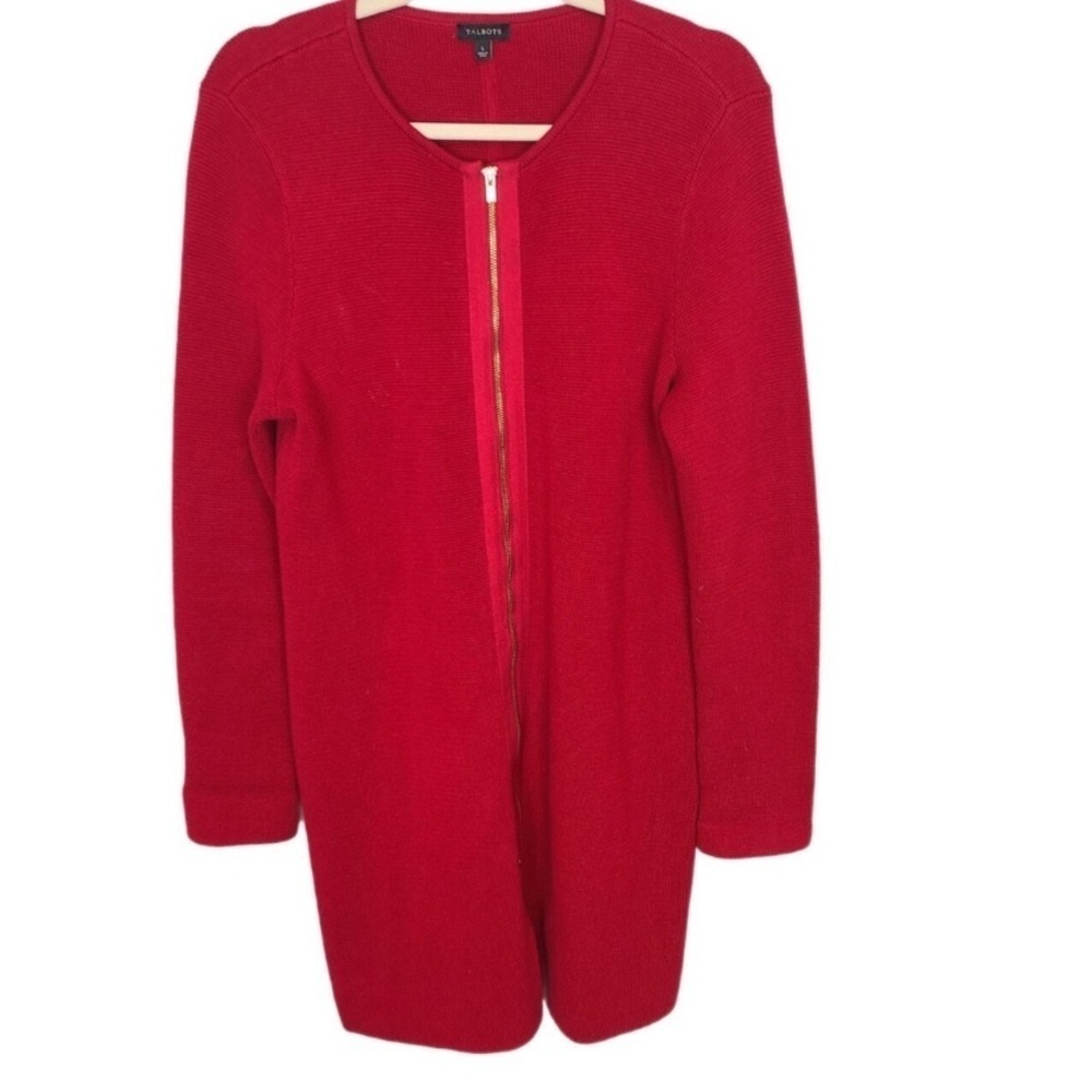 Talbots Woman Waffle Knit Dress Size 2X Red Full Gold Zipper Cardigan Versatile